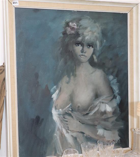 1960s French School, oil on board, Topless young lady, initialled and dated 66, 75 x 62cm